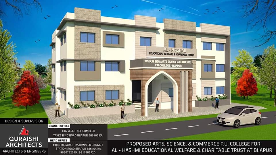 Architectural rendering of the proposed Wisdom India Arts, Science and Commerce PU College building in Bijapur